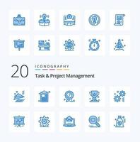 Paquete de iconos de color azul de gestión de 20 tareas y proyectos como ganador de ingeniería de insignia de engranaje gráfico vector