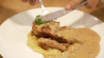 Grilled chicken, rice, and sauce on plate on the table video