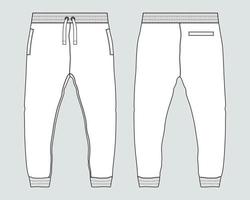 pantalones de chándal jogger de tela polar vistas frontales y traseras de la plantilla de ilustración vectorial de boceto plano de moda técnica. vector