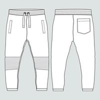 pantalones de chándal jogger de tela polar vistas frontales y traseras de la plantilla de ilustración vectorial de boceto plano de moda técnica. vector