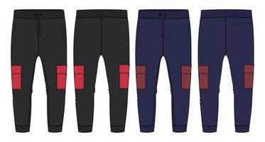 pantalones de chándal jogger de tela polar vistas frontales y traseras de la plantilla de ilustración vectorial de boceto plano de moda técnica. vector