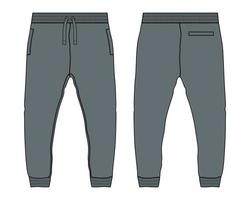 pantalones de chándal jogger de tela polar vistas frontales y traseras de la plantilla de ilustración vectorial de boceto plano de moda técnica. vector