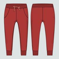 pantalones de chándal jogger de tela polar vistas frontales y traseras de la plantilla de ilustración vectorial de boceto plano de moda técnica. vector