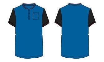 camiseta de manga corta con bolsillo técnico de moda boceto plano vector ilustración plantilla vistas frontal y posterior.