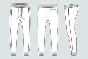 pantalones de chándal jogger de tela polar vistas frontales y traseras de la plantilla de ilustración vectorial de boceto plano de moda técnica. vector