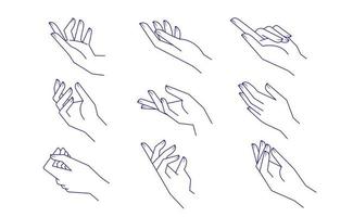 Aesthetic hands vector linear illustrations. Stylized elegant hand drawings with different gestures.