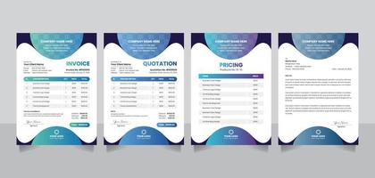 Creative business invoice bill form rate list quotation pricelist letterhead design template in 4 different color vector