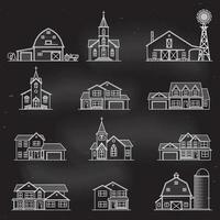 Set of vector thin line icon suburban american houses.