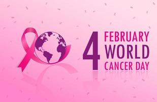 Gradient world cancer day horizontal banner background with world map and ribbon vector