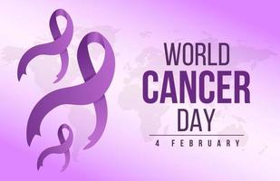 Gradient world cancer day horizontal banner background with world map and ribbon vector