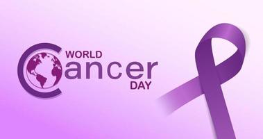 Gradient world cancer day horizontal banner background with world map and ribbon vector