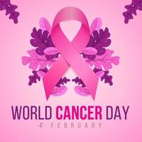 ilustración del día mundial del cáncer con cinta rosa y floral del día del cáncer vector