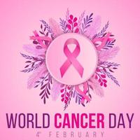 ilustración del día mundial del cáncer con cinta rosa y floral del día del cáncer vector