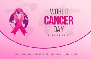 Gradient world cancer day horizontal banner background with world map and ribbon vector