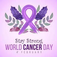 Watercolor world cancer day illustration with leaves and cancer ribbon vector