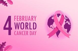 Gradient world cancer day horizontal banner background with world map and ribbon vector