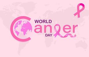 Gradient world cancer day horizontal banner background with world map and ribbon vector