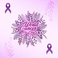 World cancer day illustration with cancer day ribbon and floral for labels vector