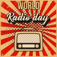 fondo del día mundial de la radio en estilo vintage con texturas grunge e ilustración de radio vector