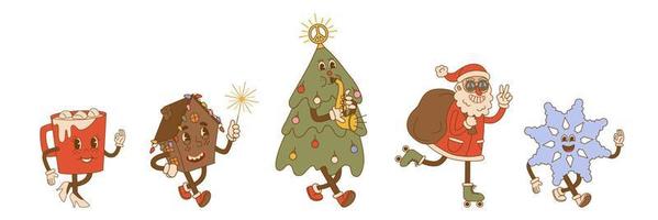 Groovy hippie christmas characters in trendy cartoon style. vector