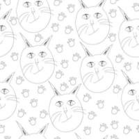 Seamless pattern with outline cats and paw prints, pets in kids style on a white background vector