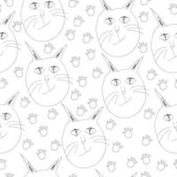 Seamless pattern with outline cats and paw prints, pets in kids style on a white background vector