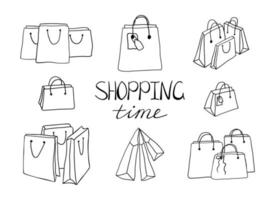 Set of hand drawn various shopping bags. Doodle sale clipart-shopping bag. Isolated on white background. vector