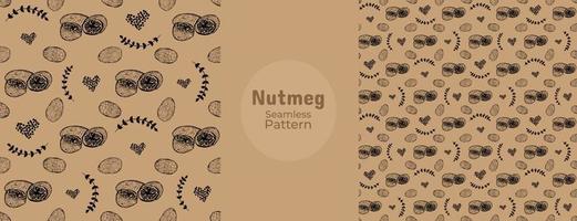 Hand drawn doodle nutmeg seamless pattern. Nutmeg spices, whole nuts and slices in endless texture vector