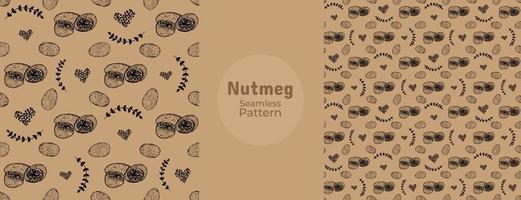 Hand drawn doodle nutmeg seamless pattern. Nutmeg spices, whole nuts and slices in endless texture vector