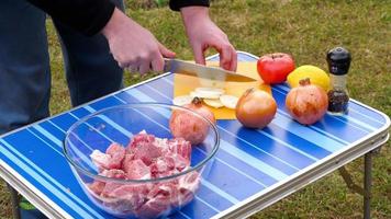 homens cortando cebola para churrasco, close-up video