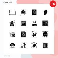 Mobile Interface Solid Glyph Set of 16 Pictograms of medicine chemist knowledge thinking head Editable Vector Design Elements