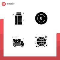 Solid Glyph Pack of 4 Universal Symbols of cooking love meal billiard globe Editable Vector Design Elements