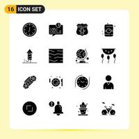 Mobile Interface Solid Glyph Set of 16 Pictograms of festival water sheild can drink Editable Vector Design Elements