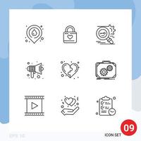 Modern Set of 9 Outlines Pictograph of sound education heart lock audio secure Editable Vector Design Elements