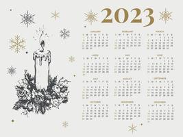 Ilustración vectorial del año calendario 2023. la semana comienza el domingo. plantilla de calendario de copos de nieve de navidad 2023. diseño de calendario el domingo en colores rojos. vector