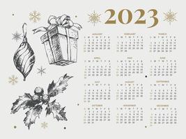 2023 Calendar year vector illustration. The week starts on Sunday. Christmas snowflakes calendar 2023 template. Calendar design Sunday in red colors. Vector