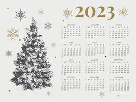 2023 Calendar year vector illustration. The week starts on Sunday. Christmas snowflakes calendar 2023 template. Calendar design Sunday in red colors. Vector