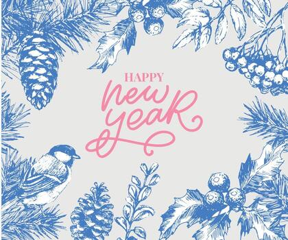 Happy New Year Abstract Botanical Card with Square Frame Banner and Modern Typography. Green and Pink Pastel Colors Greeting Layout. Isolated. vector