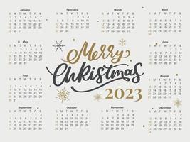 2023 Calendar year vector illustration. The week starts on Sunday. Christmas snowflakes calendar 2023 template. Calendar design Sunday in red colors. Vector