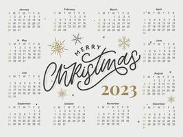 2023 Calendar year vector illustration. The week starts on Sunday. Christmas snowflakes calendar 2023 template. Calendar design Sunday in red colors. Vector