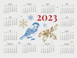 2023 Calendar year vector illustration. The week starts on Sunday. Christmas snowflakes calendar 2023 template. Calendar design Sunday in red colors. Vector