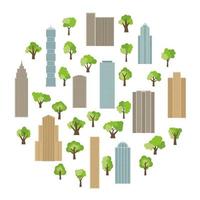 Modern buildings and skyscrapers with green trees in circle. Vector illustration