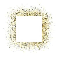 Greeting card with white square frame on golden glitter background. Empty white background. Vector illustration.