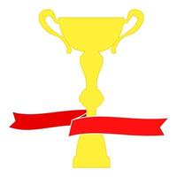 Champion cup in gold with red ribbon and incription winner. Championship prizes for first place. Victory symbols isolated on white background. vector