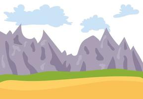 Natural cartoon landscape in the flat style with mountains, blue sky, clouds and hills. Vector illustration