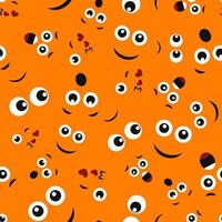 Cartoon faces with emotions. Seamless pattern with different emoticons on orange background. Vector illustration