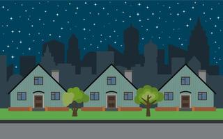 Vector city with three cartoon houses and green trees at night. Summer urban landscape. Street view with cityscape on a background