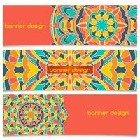 Abstract geometric header vector background with mandala. Set of vector banners with abstract geometric colored shapes. Ethnic pattern cards set.