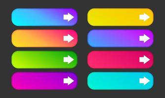 Colorful gradient buttons with arrows. Set of eight modern abstract web buttons. Vector illustration