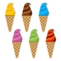 Set of vector illustration of ice cream. Multicolored creamy ice cream in a waffle horn